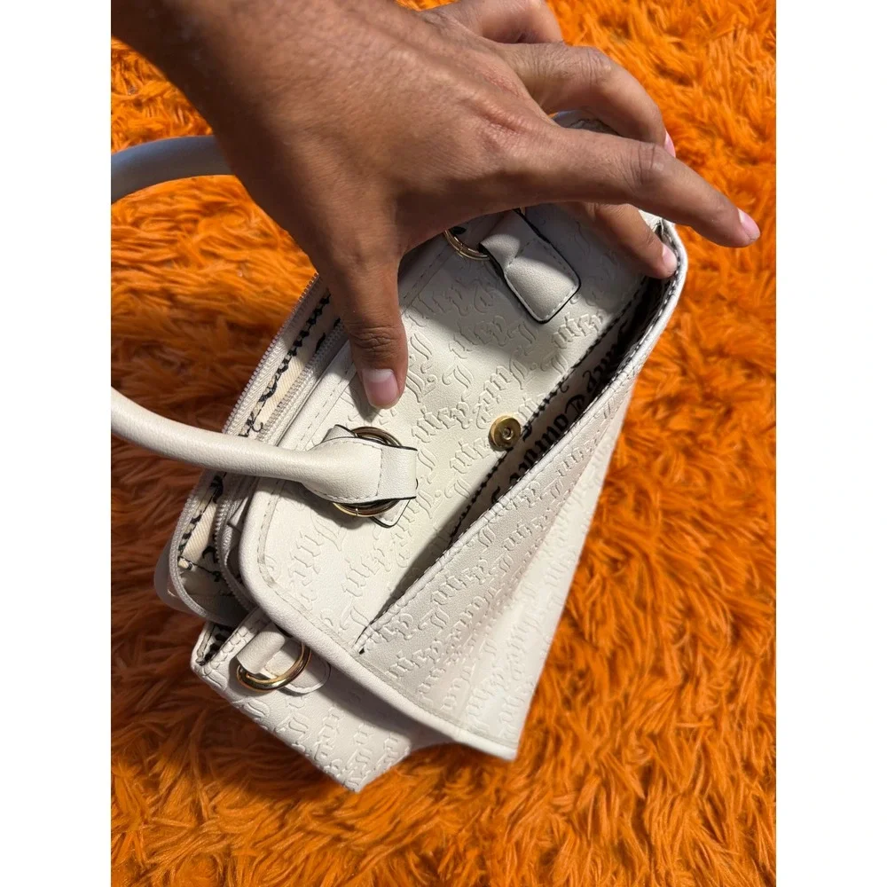 Juicy Couture Off White Embossed Logo Satchel Handbag Gold Tone Hardware Bag